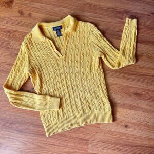 Small Yellow Women’s V Neck Jones New York Long Sleeved Cable Knit Sweater
